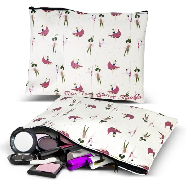 A large cosmetic bag with a floral design, featuring various makeup items including eyeshadow and lipstick.