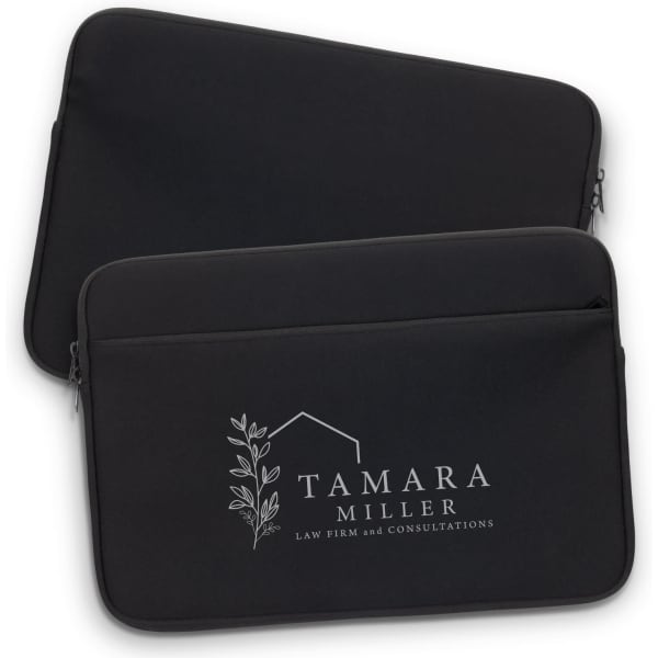 A large black laptop sleeve with a logo prominently displayed on the front, featuring a simple design.