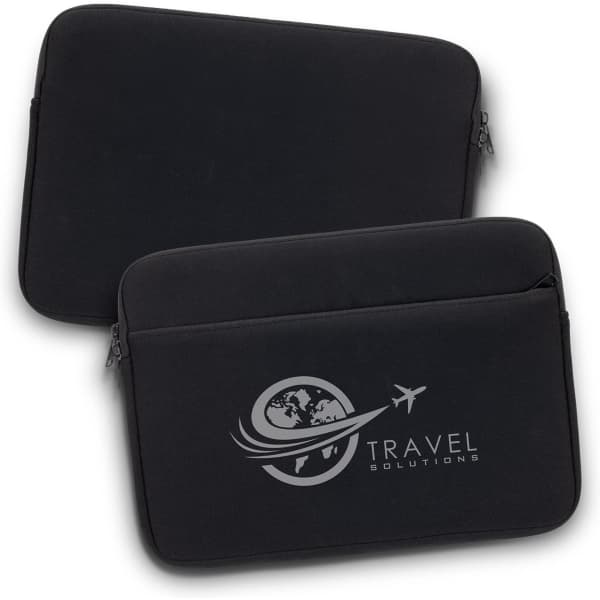 A small black laptop sleeve featuring a logo on one side and a smooth finish.