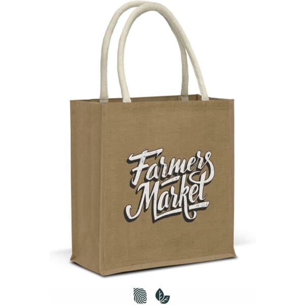 A jute tote bag in a brown hue with handles, featuring a decorative logo.