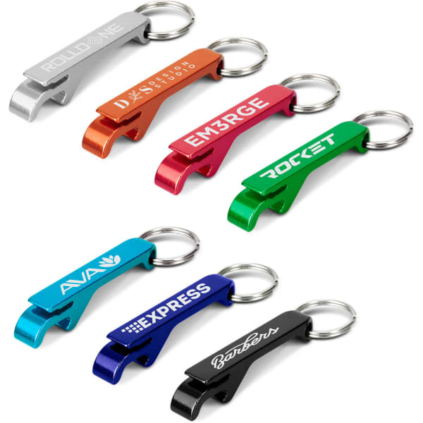 A drink bottle opener key ring collection featuring silver, orange, red, green, blue, and black designs with logos.