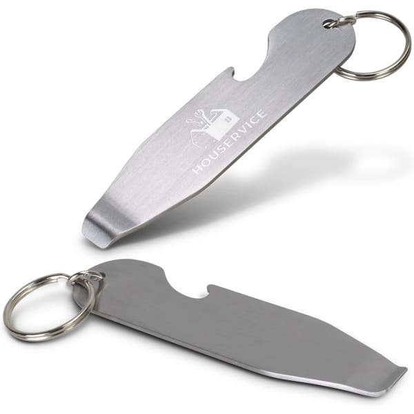 A stainless steel key ring bottle opener with a sleek design, featuring a logo on one side.