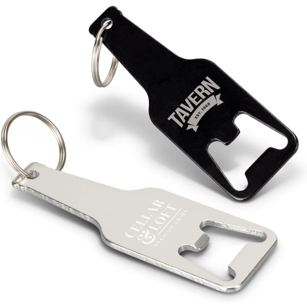 A drink bottle opener key ring in silver and black, featuring a logo on each piece.