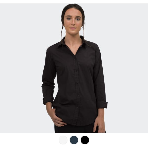 A black button-up shirt for women with long sleeves, featuring a collar and button closure, displayed on a model.