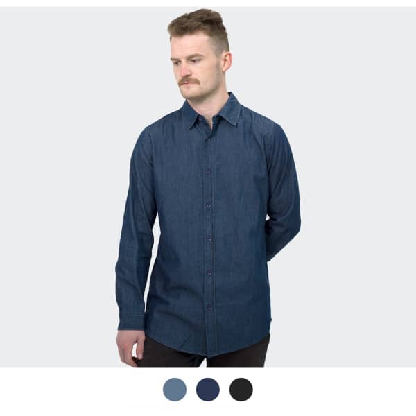 A men's button-up denim shirt in dark blue with long sleeves, featuring a logo.