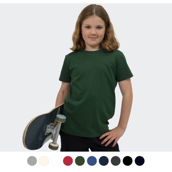 A youth t-shirt in dark green, displayed with a skateboard, featuring a logo. Various colour options below.