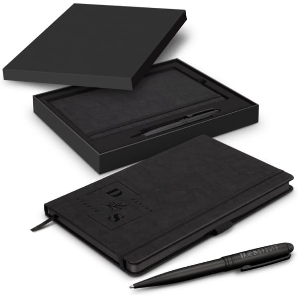 A black writing set featuring a notebook and pen, presented in a sleek black gift box with a logo.