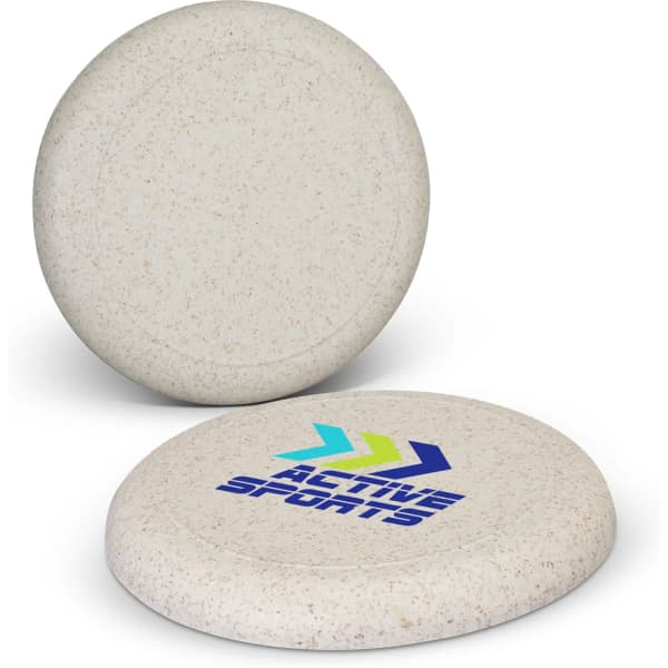 A flying disc with a speckled beige finish, featuring a logo with blue and green accents.