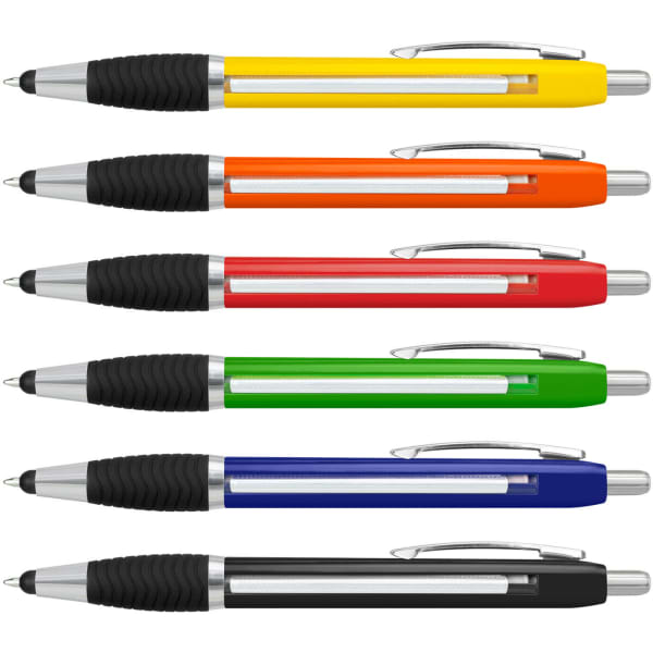A set of six Neptune Stylus Banner Pens in yellow, orange, red, green, blue, and black, featuring a rubber grip and silver accents.