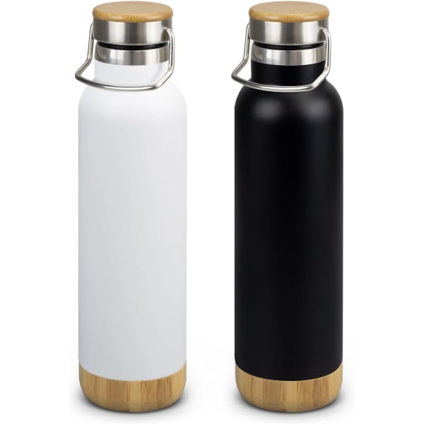 A drink bottle set featuring a white and a black vacuum bottle, both with bamboo lids and metal handles.