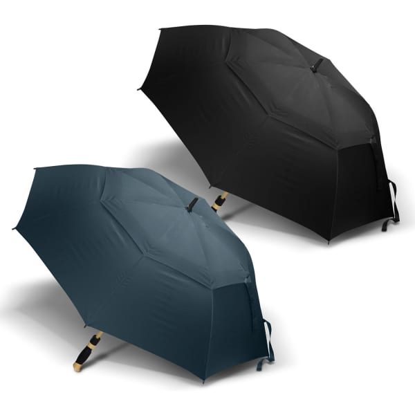 A pair of umbrellas in dark green and black, featuring a logo on the handle, with a sleek design.