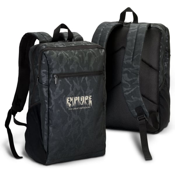 A dark green urban camouflage backpack featuring a logo, with padded straps and a zippered front pocket.