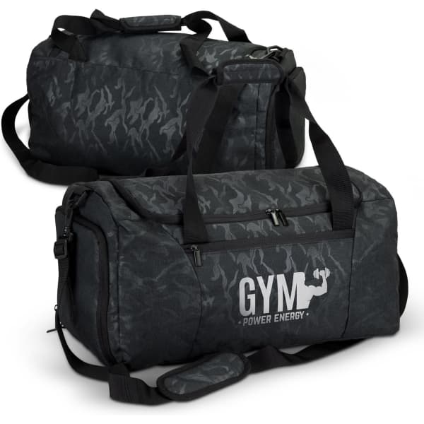 Urban Camo Duffle bag in dark green with a textured camo pattern and strap handles, featuring branding.