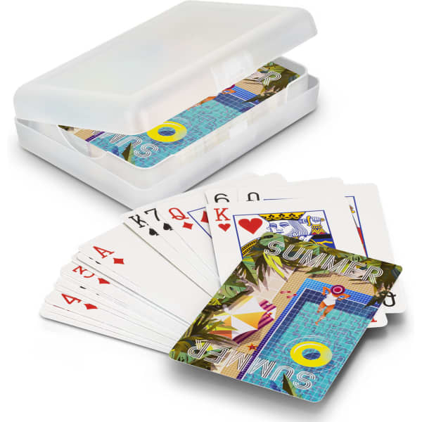 A set of vibrant playing cards featuring a summer design, presented in a clear plastic gift case.