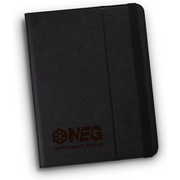 A black tablet case with an elastic band and a logo on the front. Suitable for tablet devices.