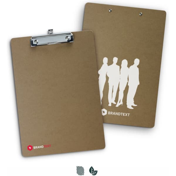 A brown clipboard featuring a silver clip, with a silhouette graphic on one side and a logo.