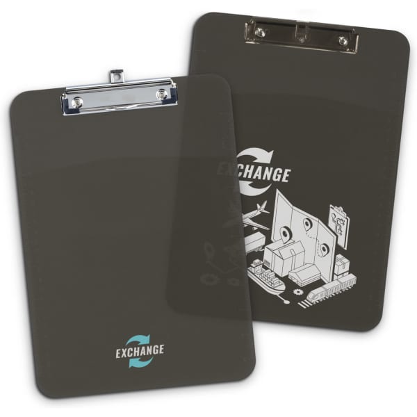A grey clipboard with a metal clip and a logo, featuring a design on one side.
