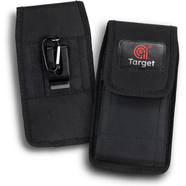A black phone pouch with a clip and a branded logo, featuring a textured material and a flap closure.