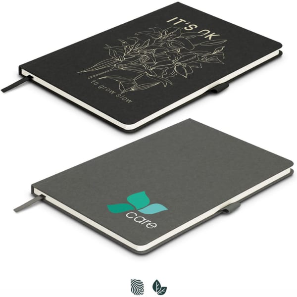 A black notebook with a floral design on the cover and a grey notebook featuring a logo. Both have elastic closures.