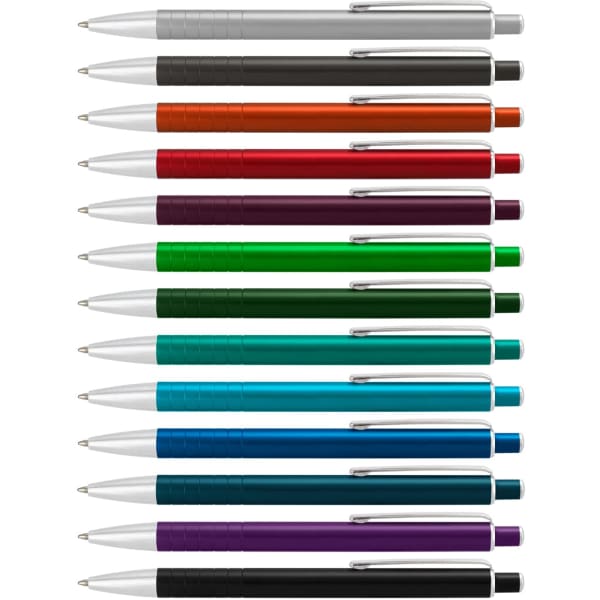 A selection of metallic pens in various colours, arranged in a line, featuring a logo on each pen.