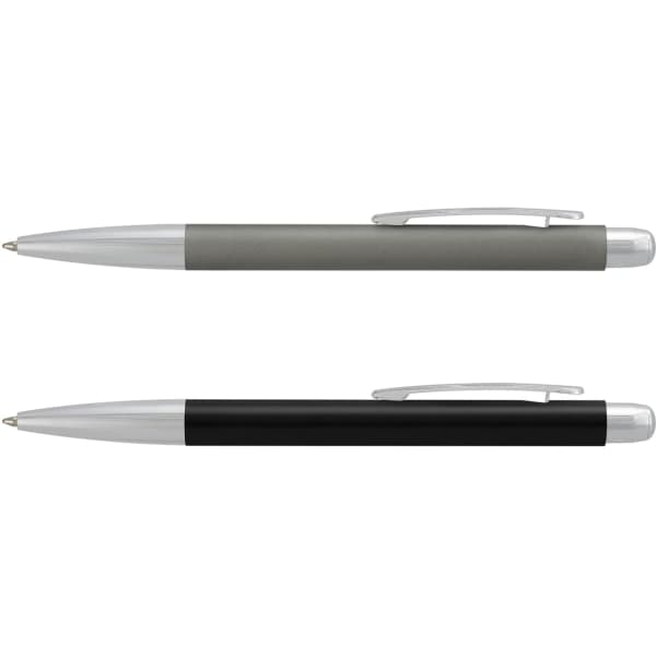 A set of two metal pens, one grey and one black, each with a silver clip and detailing.