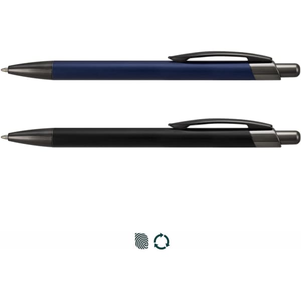 Two metal pens are displayed: one in navy blue and the other in black, both featuring a logo.