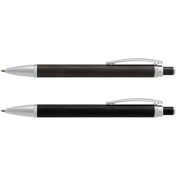 A set of two Guilloche pens in black with silver accents, featuring metal clips and a sleek design.