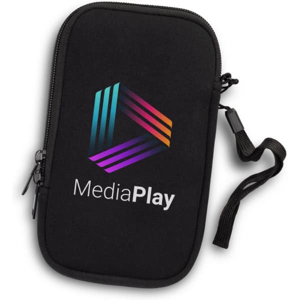A black phone sleeve with a zip closure and a logo featuring multi-coloured diagonal stripes.