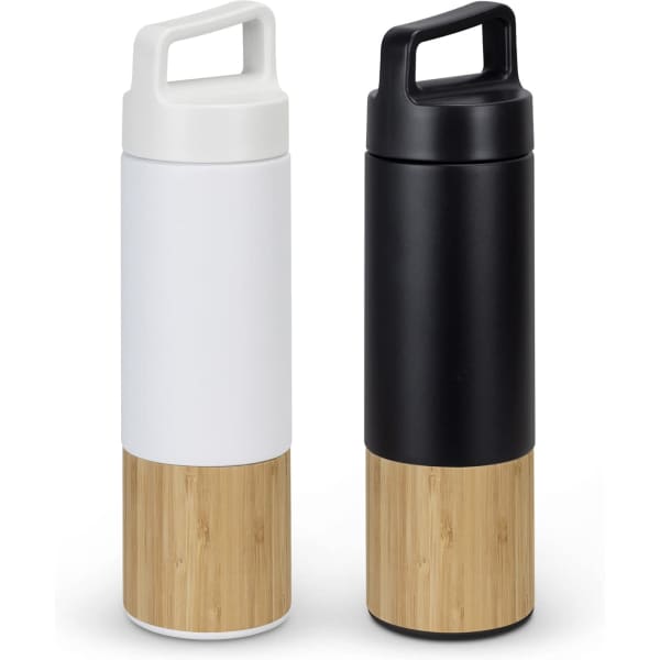A drink bottle pair featuring a sleek white and black design with a bamboo lower section and a convenient handle.