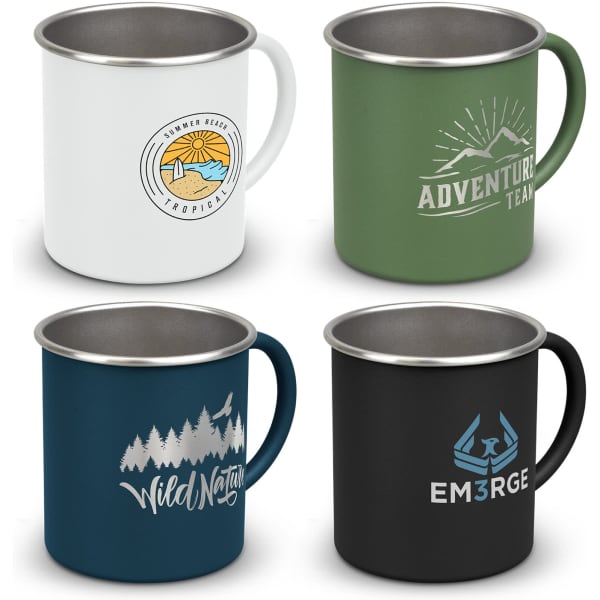 A set of four coffee mugs in white, green, blue, and black, each featuring different designs and a handle.