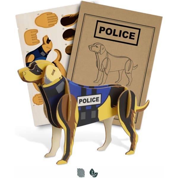 A wooden model of a dog in police attire, featuring brown and black colours, alongside an instructional cardboard sheet.
