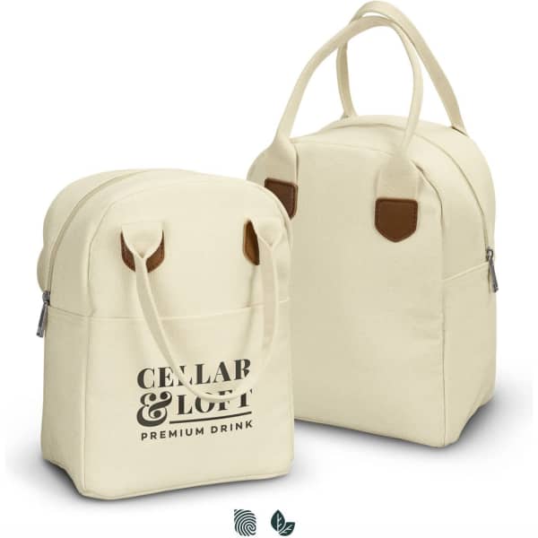 A cream lunch bag with brown accents and a logo on the front, featuring two handles for easy carrying.