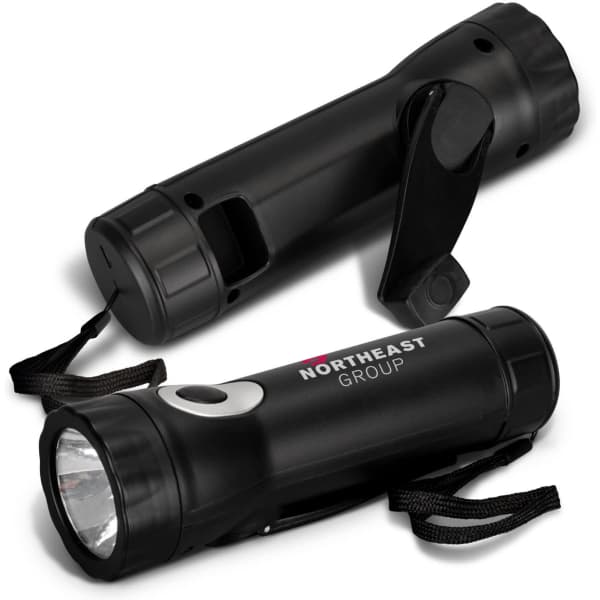 A black rechargeable torch featuring a handle and a strap, with a logo visible on the body.