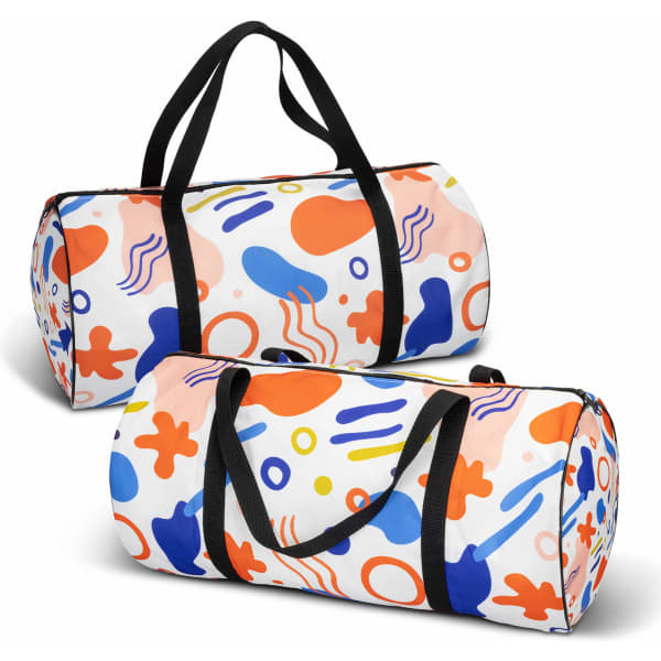 A colourful duffle bag featuring abstract shapes in blue, orange, and pink, with black handles and a zipper.