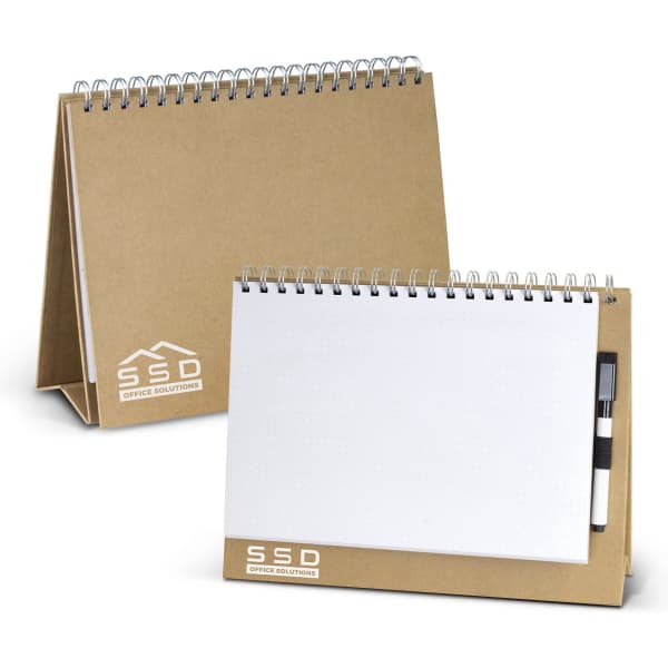 A desk whiteboard notebook featuring a spiral binding, a grey exterior, and includes a marker.