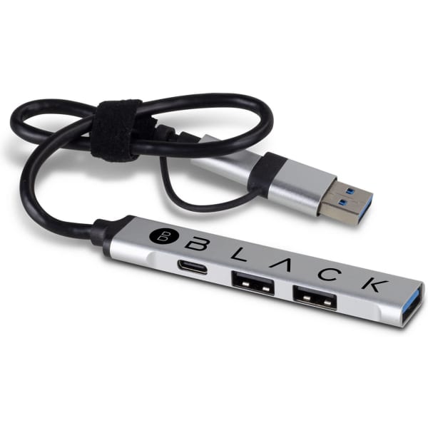 A black and silver Megabyte USB Hub with multiple USB ports and a connecting cable. It features a logo on the side.
