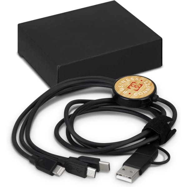 A black charging cable with multiple connectors including USB, Micro USB, and Lightning, packaged in a black box.