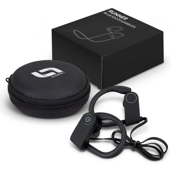 Runner Bluetooth earbuds in black with a small round carrying case and packaging. Earbuds have a distinctive design.
