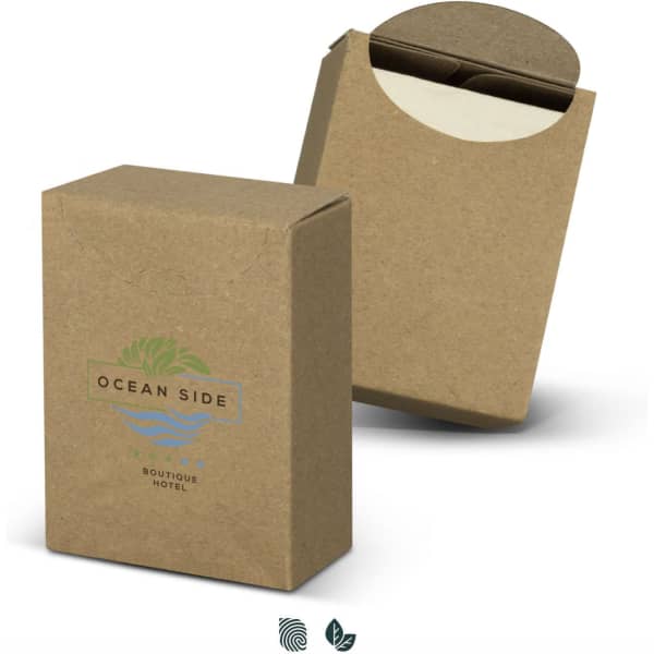 A cardboard box with a natural brown finish, featuring a logo and a slight opening at the top.