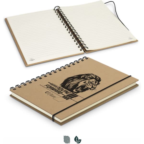 A brown soft cover notebook with a spiral binding, featuring plain pages and an elastic band. It includes a logo.