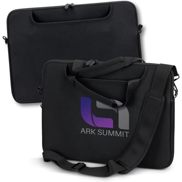 A black laptop bag featuring a detachable shoulder strap and a front pocket, with a logo on the surface.