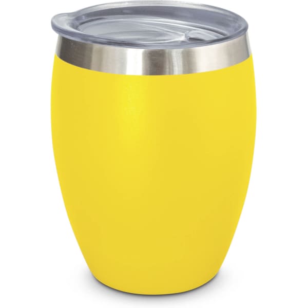 A drink bottle with a stainless steel lid and a bright yellow body. It features a smooth, matte finish.