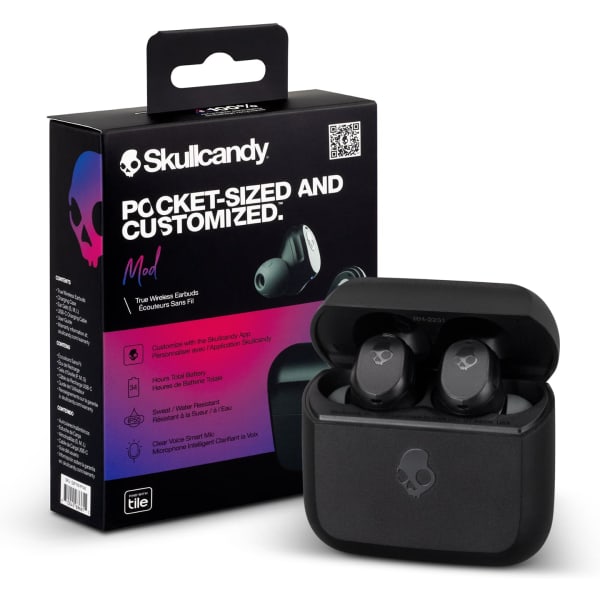 Black Skullcandy Mod TWS earbuds in a charging case, displayed with packaging showcasing its features and branding.
