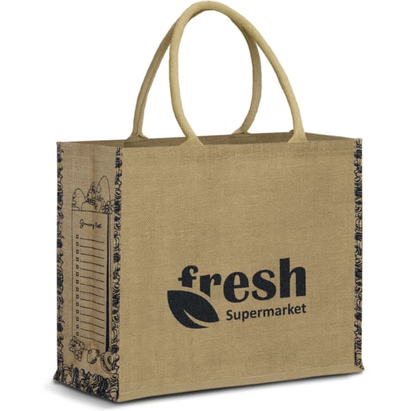 A jute tote bag in natural brown with decorative edges and a logo printed on one side.