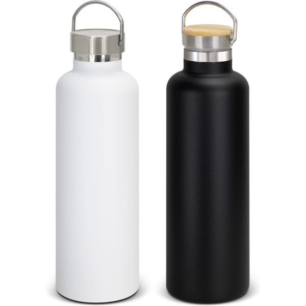 A drink bottle duo featuring a white and a black vacuum bottle with stainless steel accents and wooden tops.