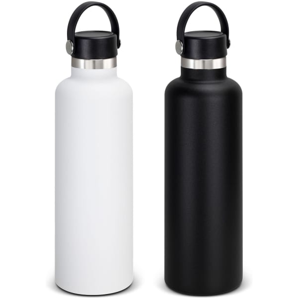 A drink bottle in white and black, featuring a carry lid and a silver band. Both have a sleek, matte finish.