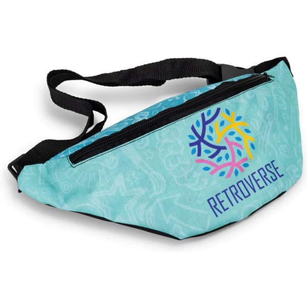 A teal belt bag featuring a vibrant pattern and a logo, with a black adjustable strap.