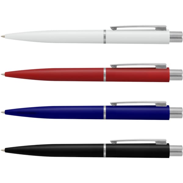 A collection of four plastic pens in white, red, blue, and black, each featuring a silver clip and trim.