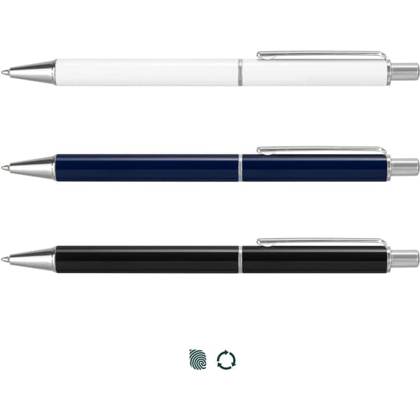 A set of three metal pens in white, navy blue, and black, featuring a silver clip and branding.