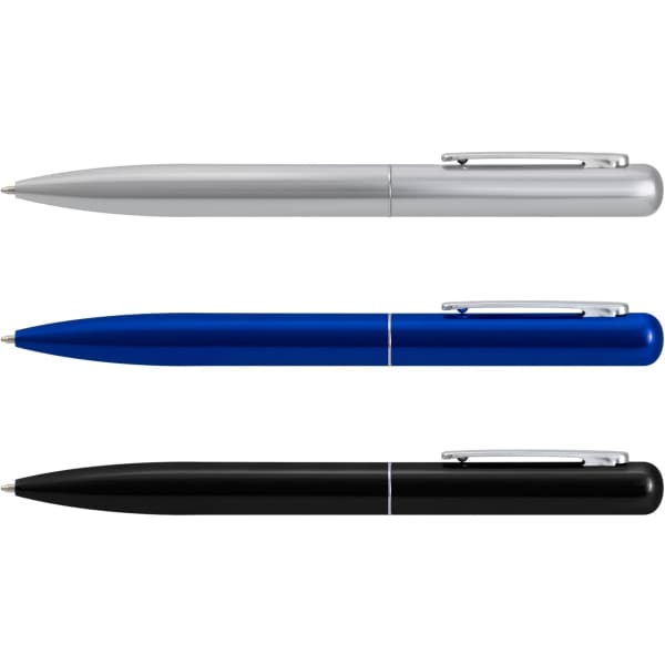 A collection of three metal pens in silver, blue, and black, featuring a clip and sleek design.